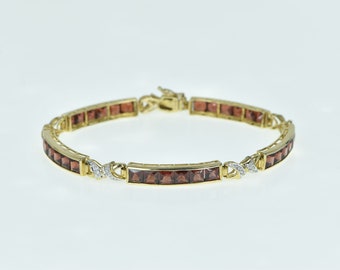 10K Princess Garnet Diamond X Link Bar Tennis Bracelet 6.75" Yellow Gold