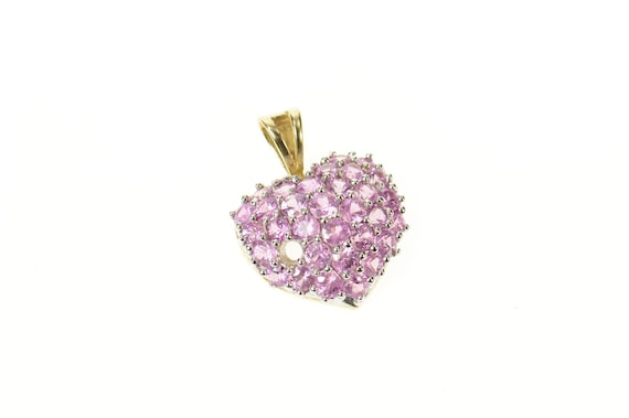 10K Pave Rounded Pink Topaz Heart Pendant Yellow G