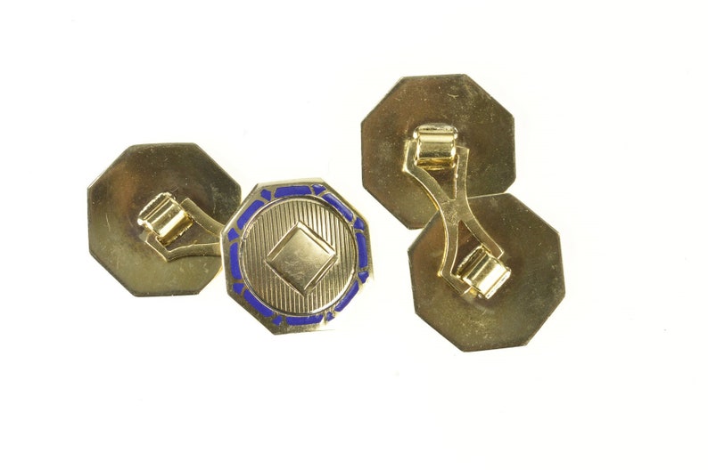 10K Art Deco Blue Enamel Monogrammable Men/'s Cuff Links Yellow Gold