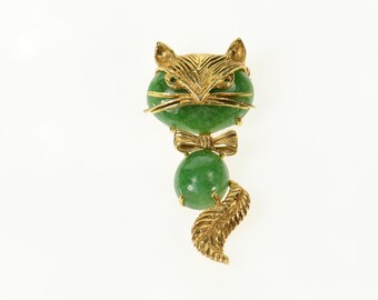 14K 1960's Ornate Retro Jade Cat Articulated Dangle Pin/Brooch Yellow Gold