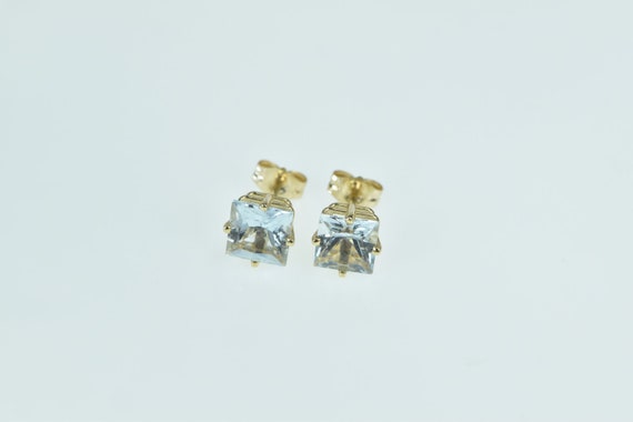 14K Princess Blue Topaz Solitaire Stud Earrings Y… - image 1