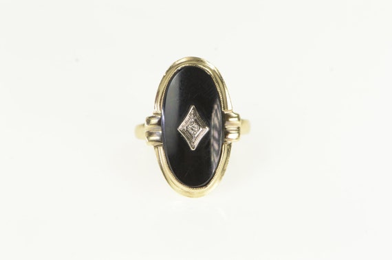 10K Black Onyx Oval Diamond Inset Vintage Ring Si… - image 1