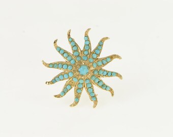 14K Victorian Turquoise Ornate Sun Flower Pin/Brooch Yellow Gold