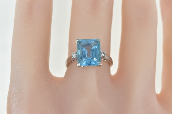 14K Emerald Cut Blue Topaz Diamond Accent Ring Si… - image 5