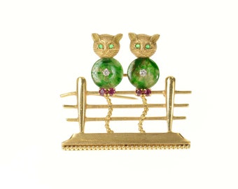 14K 1960's Diamond Jade Ruby Fence Cats Pin/Brooch Yellow Gold