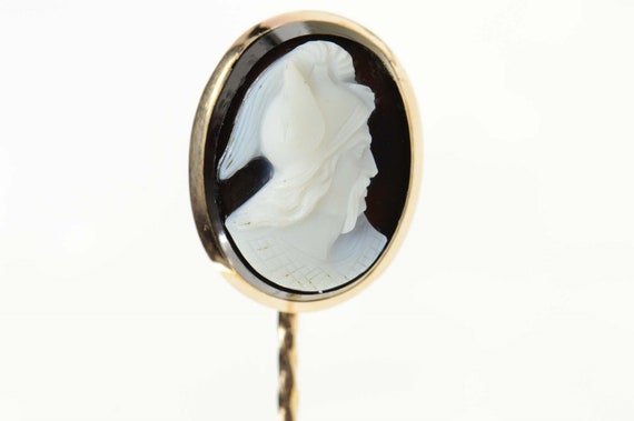 14K Carved Black Agate Cameo Oval Ornate Stick Pi… - image 2