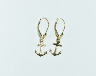 14K Anchor Nautical Sailing Hope Symbol Dangle Earrings Yellow Gold