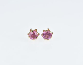 14K Round Pink Gemstone Vintage Solitaire Stud Earrings Yellow Gold