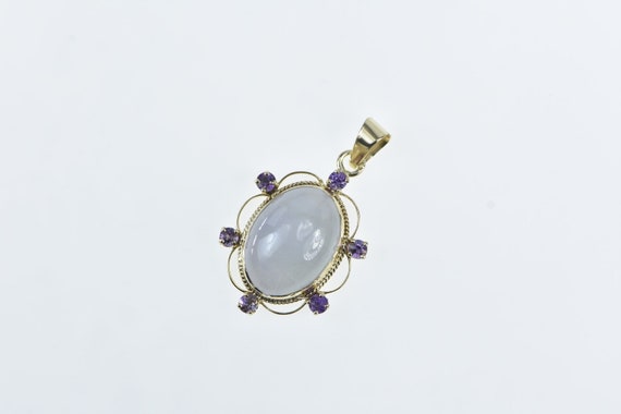 14K Oval Jadeite Cabochon Amethyst Halo Pendant Y… - image 1