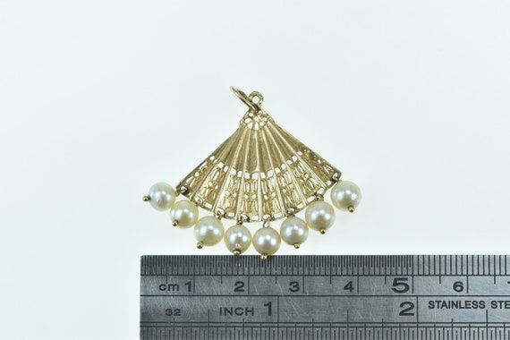 14K Ornate Pearl Fringe Tassel Hand Fan Filigree … - image 4