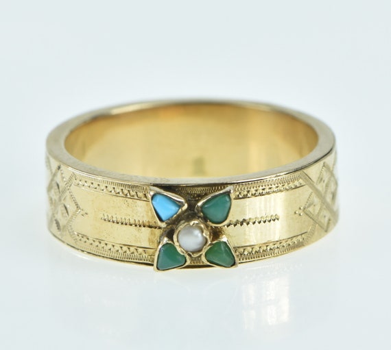 14K Victorian Seed Pearl Turquoise Flower Ring Si… - image 1