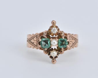 10K Victorian Natural Emerald Seed Pearl Ornate Ring Size 5 Rose Gold