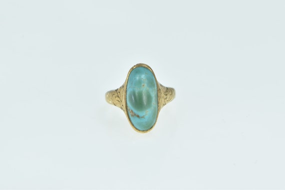 14K Oval Victorian Engraved Turquoise Statement R… - image 1