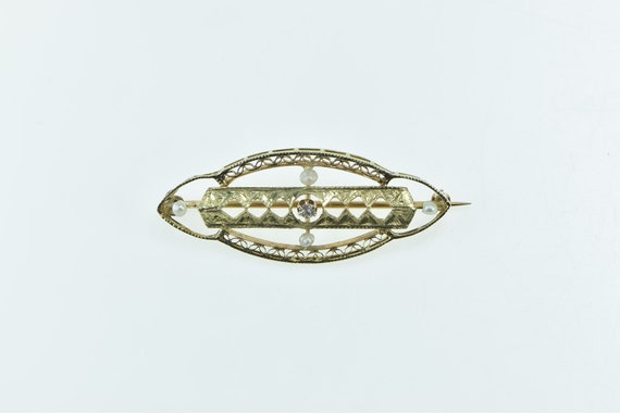 14K Victorian Filigree Ornate Seed Pearl Oval Pin… - image 1