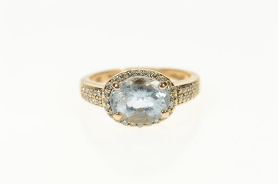 14K Levian Oval Blue Topaz Diamond Halo Statement Ring Size 6.75