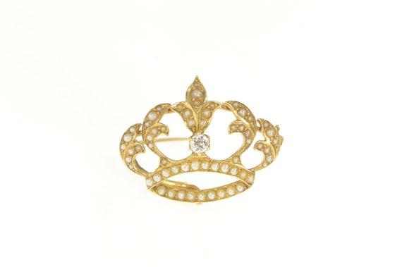 14K Victorian Diamond Seed Pearl Crown Pin/Brooch… - image 1