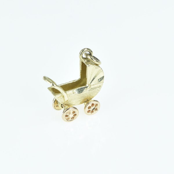 14K 3D Baby Carriage Pram Stroller Articulated Charm/Pendant Yellow Gold