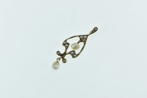 14K Victorian Seed Pearl Dangle Drop Ornate Penda… - image 1