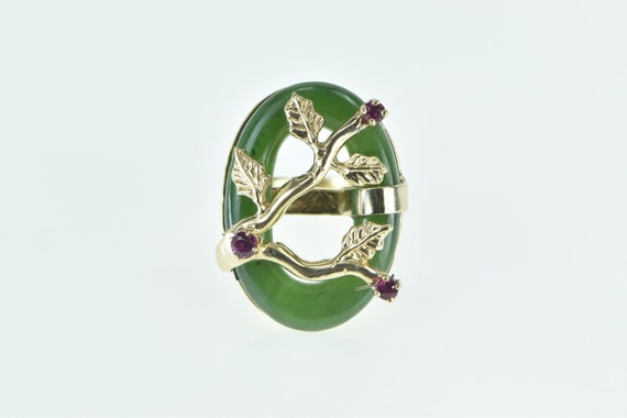 14K Jade Ring Ruby Tree Branch Cherry Blossom Rin… - image 1