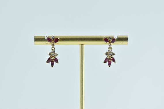 10K Marquise Ruby Flower Vintage Dangle Earrings … - image 5