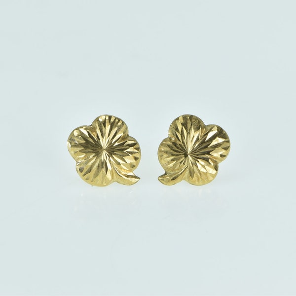 18K Diamond Cut Four Leaf Clover Vintage Stud Earrings Yellow Gold