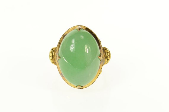 14K Chinese Oval Jade Ornate Statement Cocktail R… - image 1