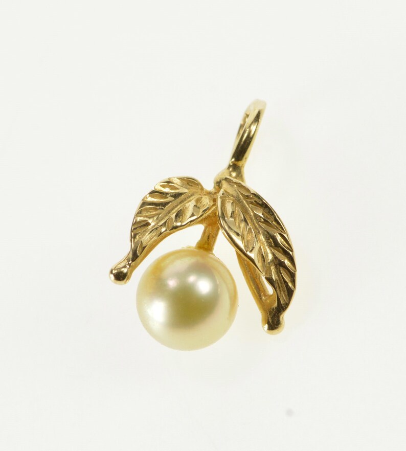 14K 3D Leaf Accent Pearl Retro 1960/'s Pendant Yellow Gold