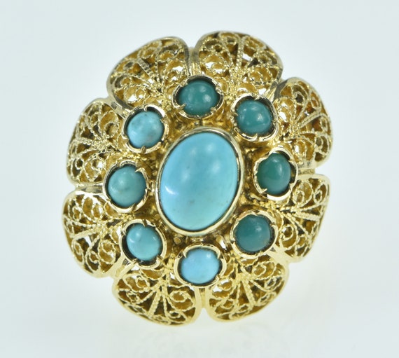 18K Oval Turquoise Filigree Domed Cocktail Ring Si