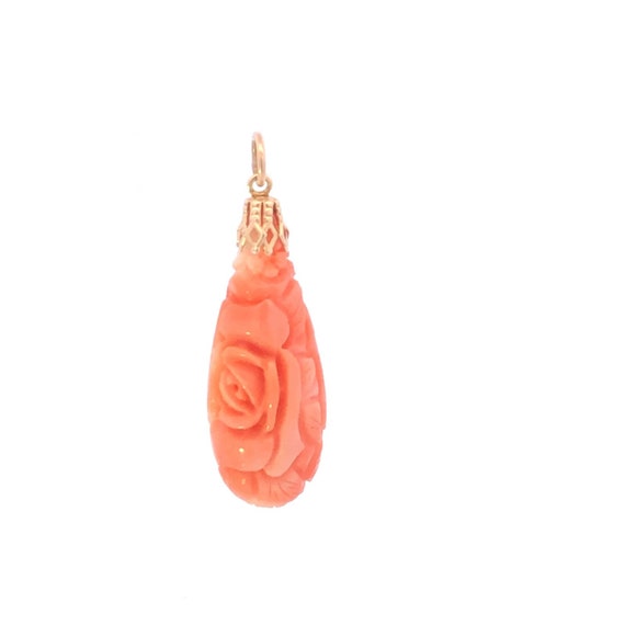 14K Carved Coral Flower Rose Ornate Pendant Yello… - image 3