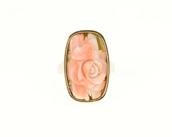 14K Carved Coral Rose Flower Ornate Statement Ring Size 7.25 Yellow Gold