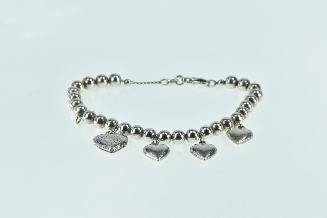 Sterling Silver Puffy Heart Forget Me Not Ball Link Chain Bracelet 8.25 ...
