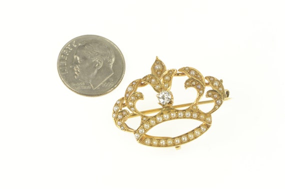 14K Victorian Diamond Seed Pearl Crown Pin/Brooch… - image 5