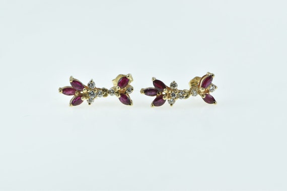 10K Marquise Ruby Flower Vintage Dangle Earrings … - image 1