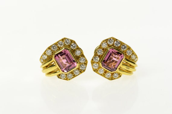 18K 8.00 Ctw Emerald Pink Tourmaline Diamond Earr… - image 1