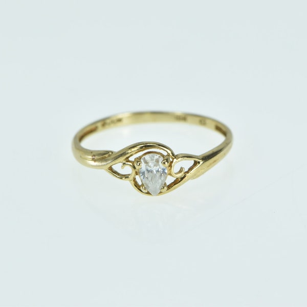 10K Pear Scroll CZ Solitaire Travel Engagement Ring Size 7 Yellow Gold