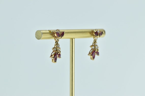 10K Marquise Ruby Flower Vintage Dangle Earrings … - image 6