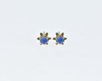 14K Vintage Round Sim. Sapphire Solitaire Stud Earrings Yellow Gold