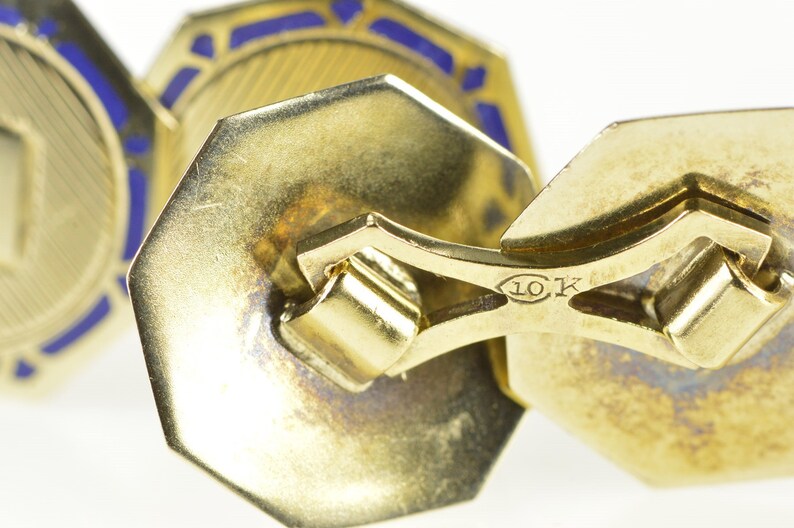 10K Art Deco Blue Enamel Monogrammable Men/'s Cuff Links Yellow Gold