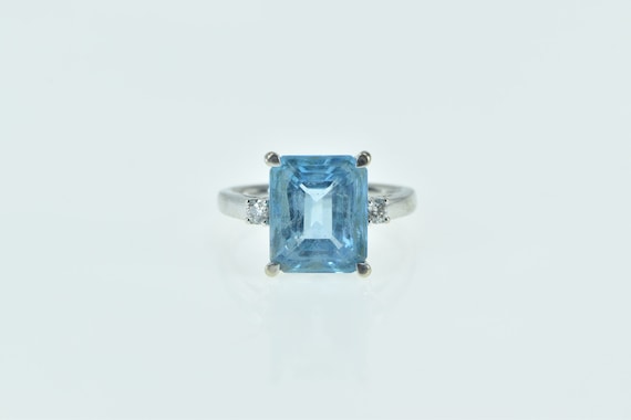 14K Emerald Cut Blue Topaz Diamond Accent Ring Si… - image 1