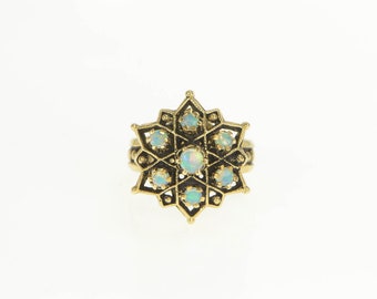 14K 1950's Ornate Natural Opal Star Flower Cocktail Ring Size 4.25 Yellow Gold