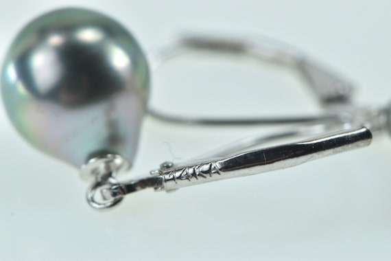 14K 9.4mm Vintage Pearl Diamond Dangle Earrings W… - image 3