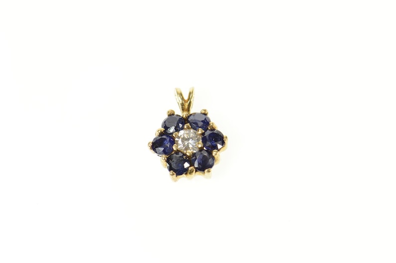 14K Diamond Sapphire Flower Halo Cluster Classic Pendant Yellow Gold