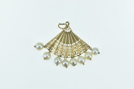 14K Ornate Pearl Fringe Tassel Hand Fan Filigree … - image 1