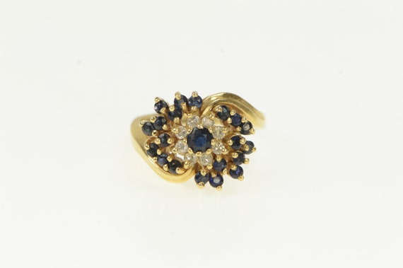 14K Sapphire Diamond Swirl Cluster Vintage Ring S… - image 1