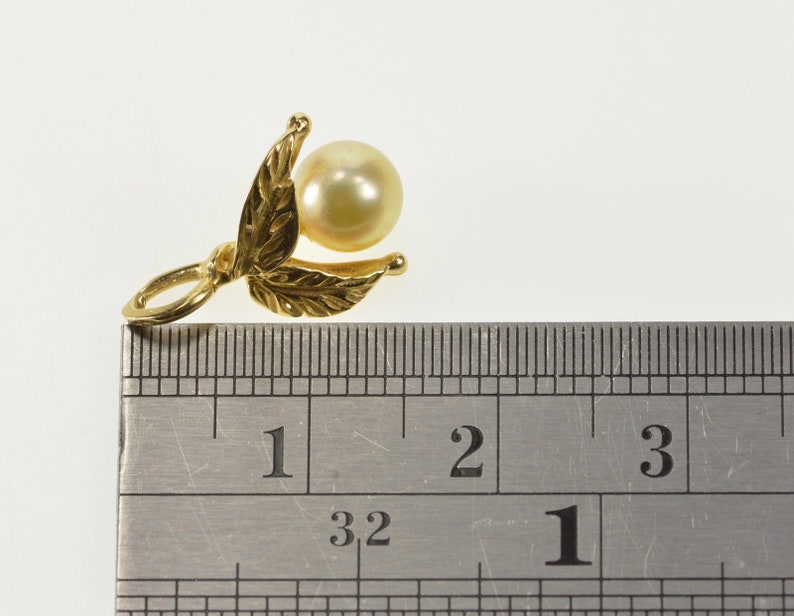 14K 3D Leaf Accent Pearl Retro 1960/'s Pendant Yellow Gold