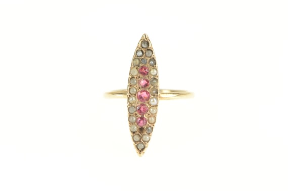 14K Victorian Ruby Seed Pearl Navette Ring Size 3… - image 1