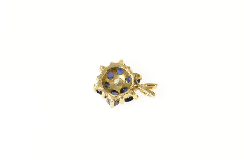 14K Diamond Sapphire Flower Halo Cluster Classic Pendant Yellow Gold