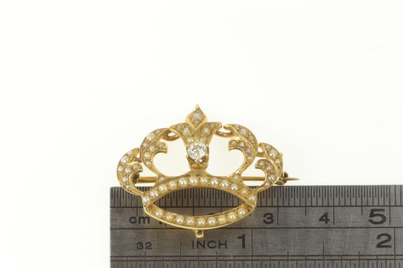 14K Victorian Diamond Seed Pearl Crown Pin/Brooch… - image 4