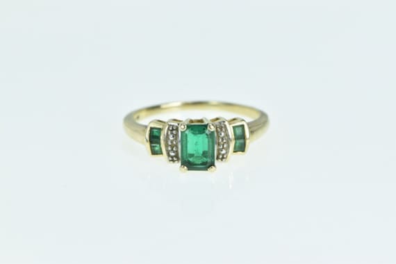 14K Emerald Cut Syn. Emerald Diamond Vintage Ring… - image 1