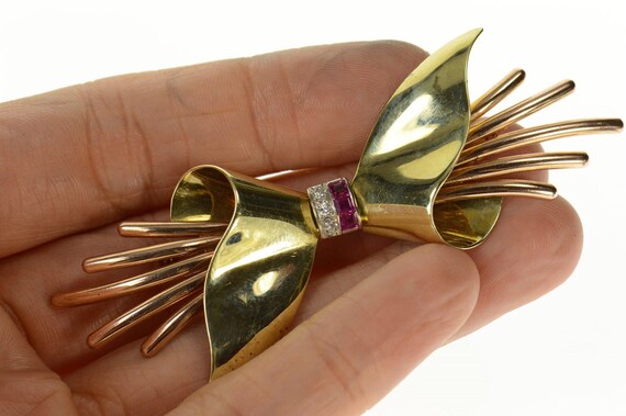 14K 1930's Diamond Ruby Ornate Two Tone Bow Pin/B… - image 5